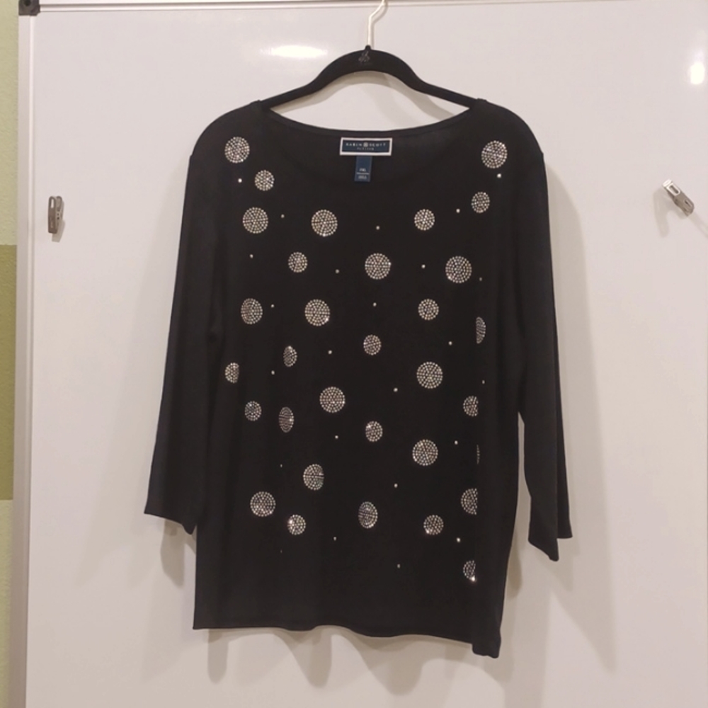 Karen Scott PXL Snowstorm Black Silver Studded 3/4 Slv Pullover Sweater